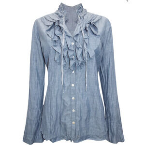 Cino Denim Ruffle Blouse Frill Front Tie Neck Pure Cotton Crinkle Shirt